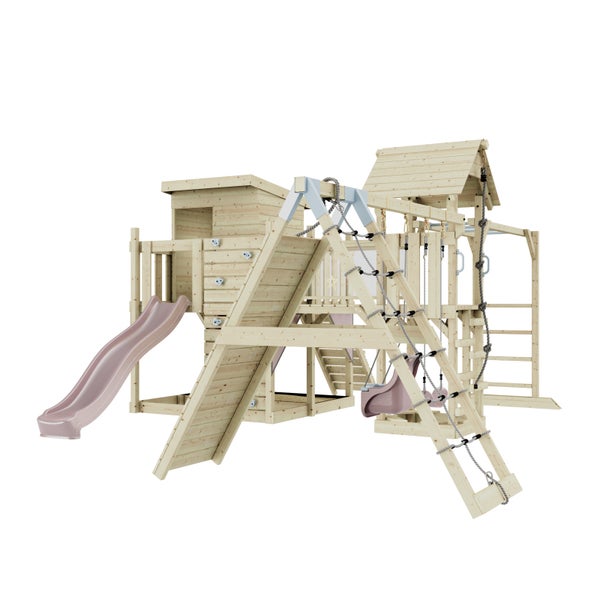 Spielturm aus Holz mit Rutsche, Kletterwand und Schaukel