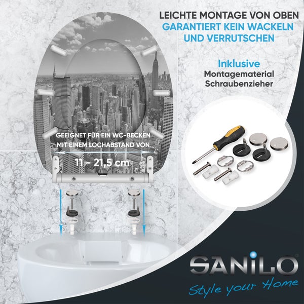 Sanilo WC-Sitz mit New York Motiv, Montage von oben, inkl. Befestigungsmaterial und Schraubendreher, für Lochabstände von 11 bis 21,5 Zentimeter.