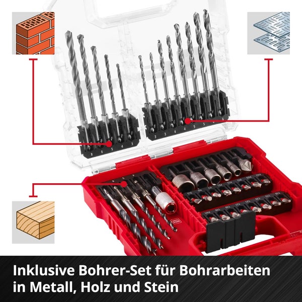 Einhell L-CASE 40-tlg. Bit- und Bohrer-Set (25-mm-Bits, Schnellwechselbithalter, Steckschlüssel, Senker, Metall-, Stein- und Holzbohrer inkl. Aufbewahrungsbox)