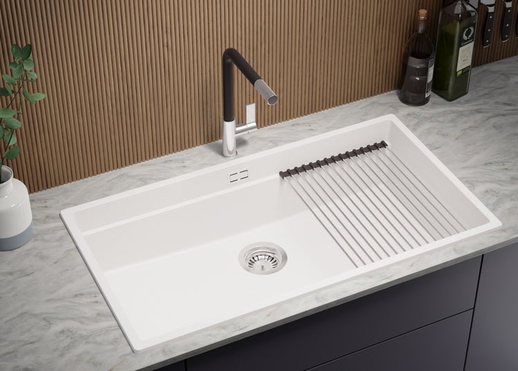 PRIMAGRAN Spülbecken Alles Weiß 86x47cm, Granitspüle 1 Becken + Ablauf-Set + Aufrollbare Abtropffläche, Küchenspüle ab 90er Unterschrank - Praga Slim