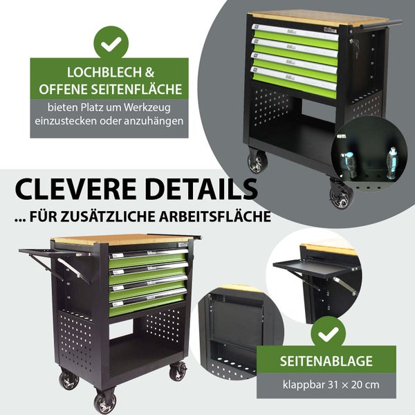 Werkstattwagen mit Schubladen, Lochblech und klappbarer Seitenablage für zusätzlichen Stauraum