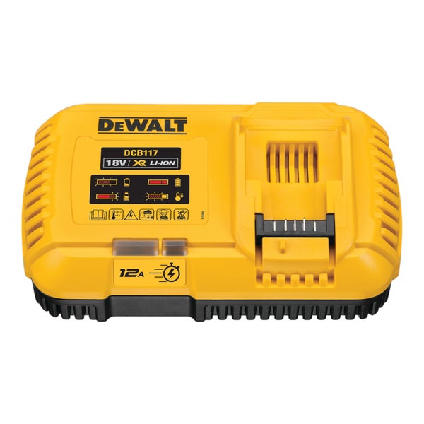 DeWalt DCB117 Schnellladegerät für 18 Volt Lithium-Ionen Akkus mit 12 Ampere Ladestrom, LED Ladestandsanzeigen und DeWalt Logo.