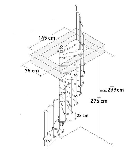 HandyStairs platzsparende Wendeltreppe „Alpha“ – 299 cm hoch – Treppenhaus 145 x 75 cm – 12 Stufen aus Kiefernholz