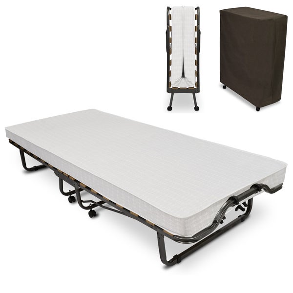 Klappbett mit Matratze, zusammengeklappt und mit Schutzhülle