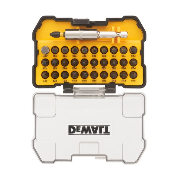 DeWalt Bit-Set mit verschiedenen Schrauberbits, Adapter und Bithalter in einer gelben und schwarzen Kunststoffbox mit DeWalt Logo.