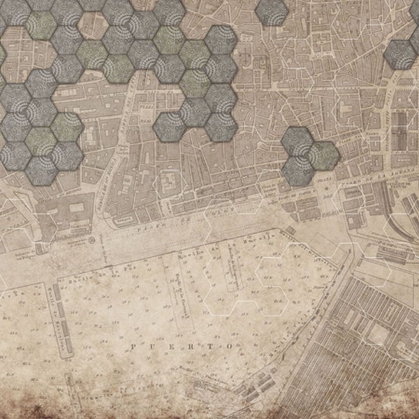 Spielmatte mit Stadtplan und Hexagon-Mustern