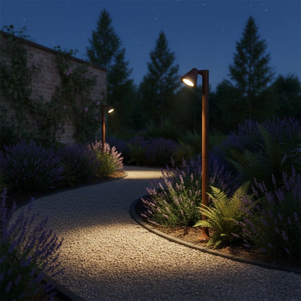 Moderne Außenwegebeleuchtung in einem nächtlichen Garten, die einen Kiesweg mit Lavendel und Farnen an einer Steinmauer beleuchtet.