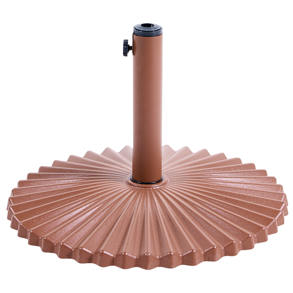 Runder Sonnenschirmständer aus Gusseisen mit fächerförmigem Design und Standrohr mit Feststellschraube.