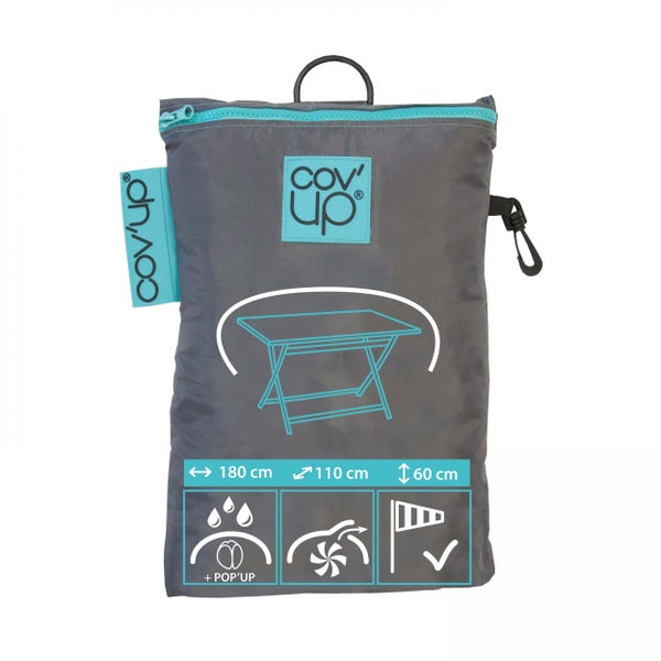 Cov'up Logo auf Aufbewahrungstasche für Gartentisch-Abdeckhaube, 180 mal 110 mal 60 Zentimeter, wasserabweisend, windfest, mit Belüftung.