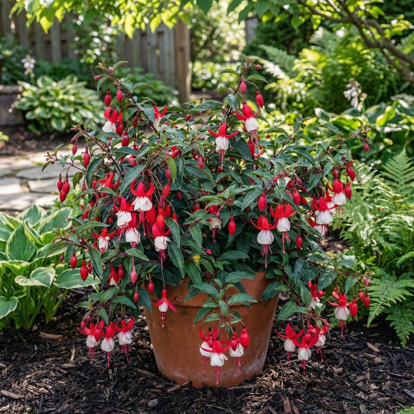 Blühende Fuchsie mit rot-weißen Blüten in einem Terrakotta-Topf in einem Garten.