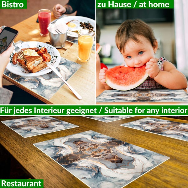 Platzsets mit Marmormuster in Bistro, Zuhause und Restaurant auf Holztischen.