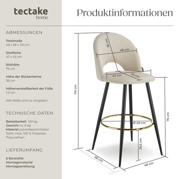 Barstuhl tectake Sachel 49 x 58 x 110 cm, Belastbarkeit 120 kg in Samtoptik, gepolstert creme/schwarz