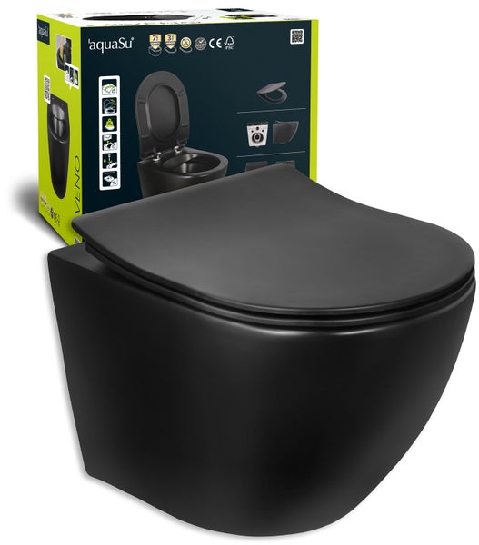 aquaSu® Spülrandloses Wand WC in matt schwarz, Tiefspüler, Inklusive WC-Sitz mit Absenkautomatik, Toilettendeckel aus Duroplast, Abgang waagerecht, Hänge WC zur Wandmontage, 048859