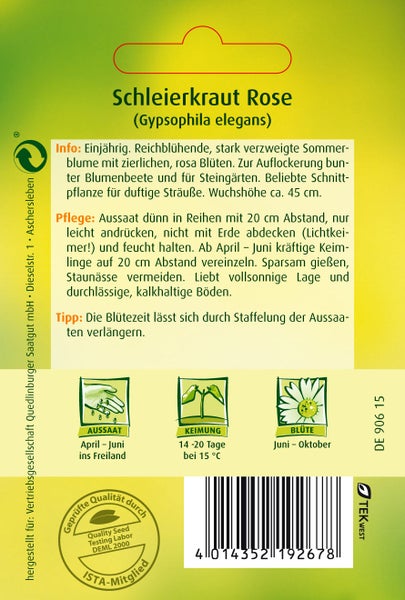 Rückseite der Samentüte für Schleierkraut Rose Gypsophila elegans mit Informationen zu Anbau, Pflege, Blütezeit und Symbolen für Aussaat und Keimung.
