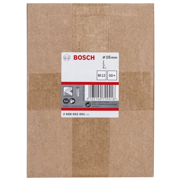 Bosch Logo auf einer Kartonverpackung für 50 Einschlaganker, Größe M 12 mit einem Durchmesser von 16 Millimetern.