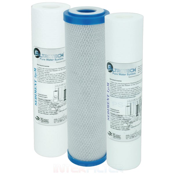 Set mit drei zylindrischen Wasserfilterkartuschen Filtrotech für Sedimente mit fünf Mikrometer Filterfeinheit