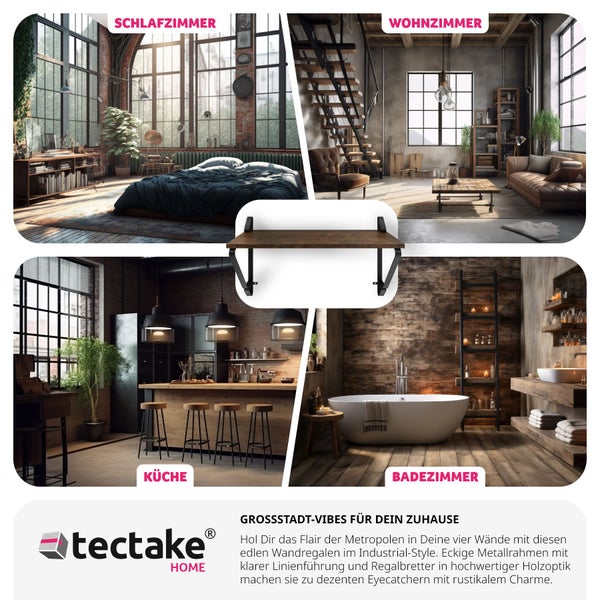 2er Set Wandregal tectake Irvine 60 x 20 x 33,5 cm Industrial Style Industrial Holz dunkel, rustikal