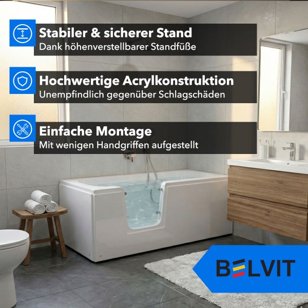 Belvit Badewanne mit Tür im modernen Badezimmer mit Holzmöbeln. Merkmale: höhenverstellbare Füße, robustes Acryl, einfache Montage. Belvit Logo.