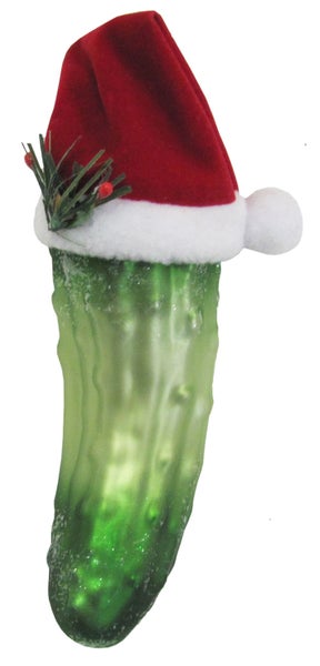 Grün 14cm Weihnachtsgurke mit Stoffhut Glasornament mundgeblasen und handekoriert, 1 Stck., Weihnachtsbaumkugeln, Christbaumschmuck, Weihnachtsbaumanhänger
