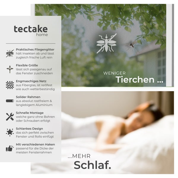 Produktbild Tectake Fliegengitter mit den Vorteilen: Hält Insekten ab, flexible Größe, engmaschiges Netz, solider Rahmen, schnelle Montage, schlankes Design, verschiedene Haken und mehr Schlaf.