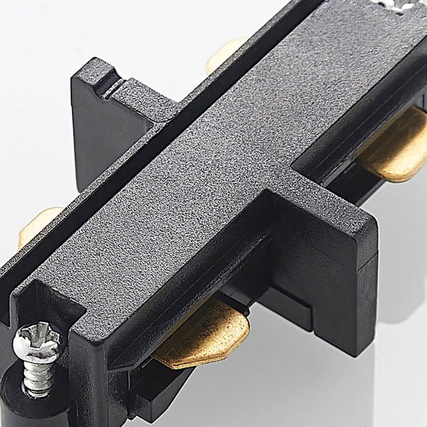 Schwarzer Stromschienen-Verbinder aus Kunststoff mit Kontakten aus Metall und einer Befestigungsschraube.