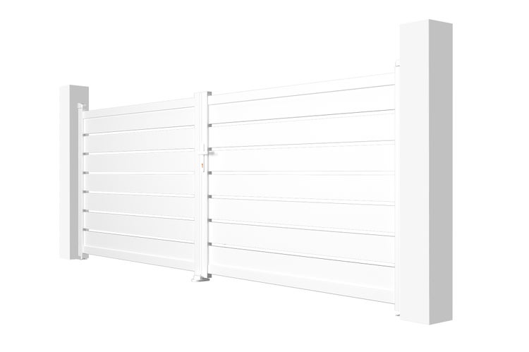 Weiße Gartentür aus Aluminium mit horizontalen Lamellen