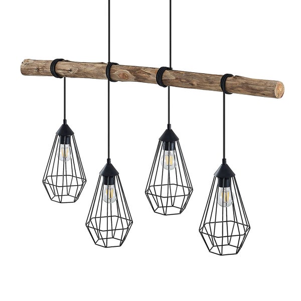 Hängelampe mit vier Leuchten, Holz und Metall