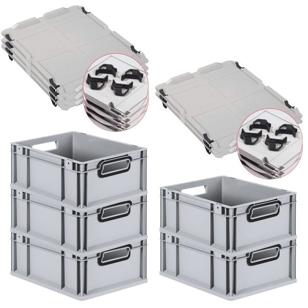 PROREGAL SparSet 5x Eurobox NextGen Color mit Auflagedeckel und Schiebeschnappverschlüsse, HxBxT 17x30x40cm, 16 Liter, Grau, Griffe schwarz offen, Eurobehälter, Transportbox, Transportbehälter, Stapelbehälter