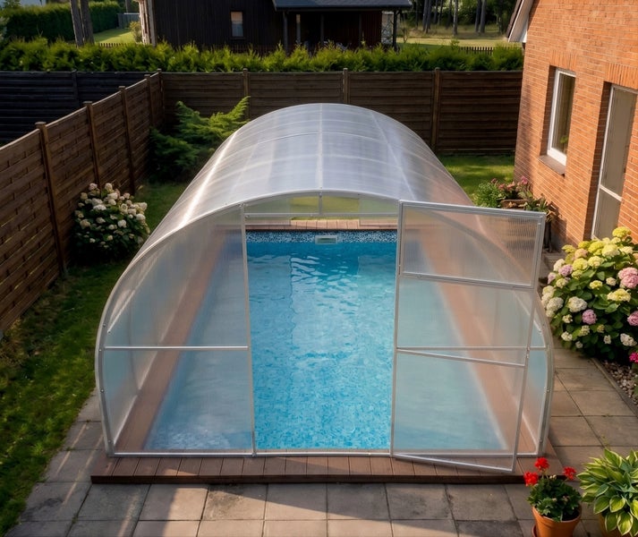 Poolüberdachung in einem Garten mit rechteckigem Swimmingpool und terrassierter Umgebung bei Tageslicht.