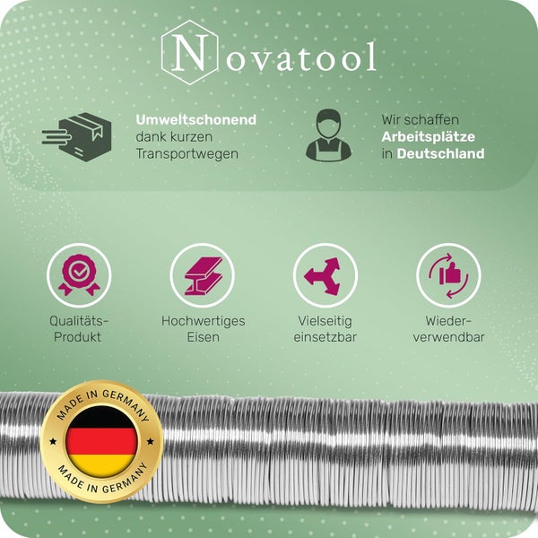 Novatool Logo mit Symbolen für Qualitätsprodukt, hochwertiges Eisen, vielseitige Einsetzbarkeit, Wiederverwendbarkeit, Made in Germany und lokale Produktion.