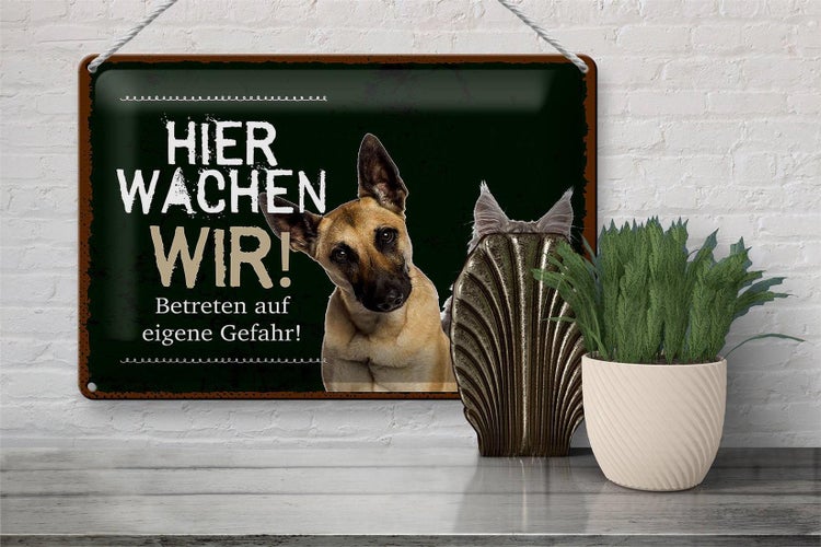 Blechschild Spruch 30x20cm Hund Katze hier wachen wir schwarzes Schild