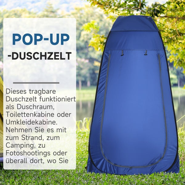 Tragbares blaues Pop-up-Zelt auf einer Wiese, nutzbar als Duschzelt, Umkleidekabine oder Toilettenzelt für Camping und Outdoor.
