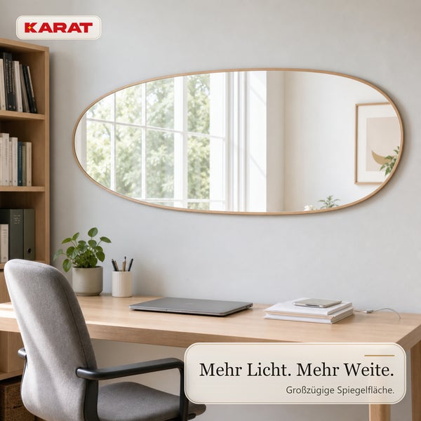 Ovaler Wandspiegel mit Holzrahmen über einem Schreibtisch in einem Arbeitszimmer, Karat Logo.