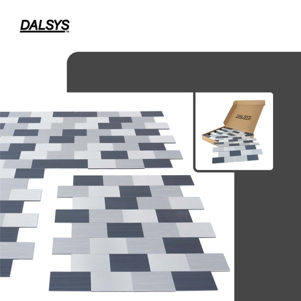 DALSYS Logo. Selbstklebende Mosaikfliesen aus Aluminium in Grau- und Silbertönen, rechteckige Fliesenmatten für die Wandgestaltung.
