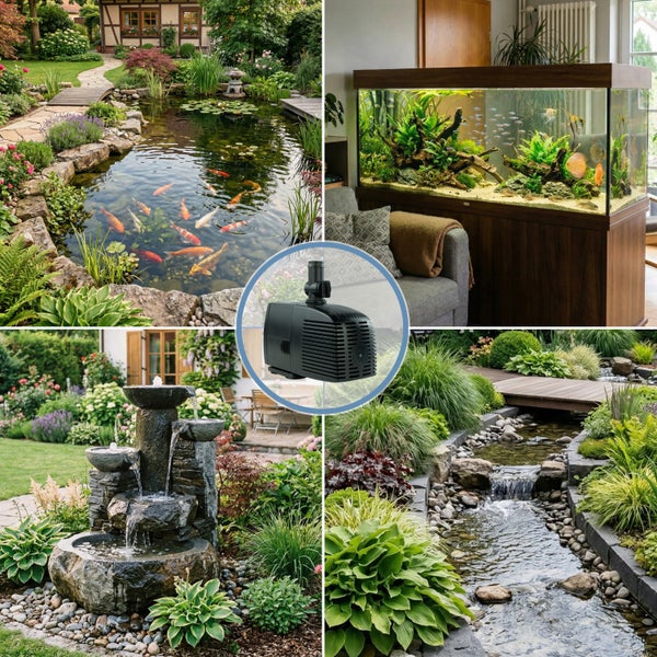 Schwarze Wasserpumpe in verschiedenen Anwendungen: Gartenteich mit Fischen, Aquarium, Steinbrunnen und Bachlauf im Garten.