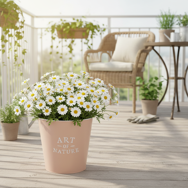 Weiße Margeriten im Topf auf einer hellen, sonnigen Terrasse mit Rattanmöbeln und weiteren Balkonpflanzen.