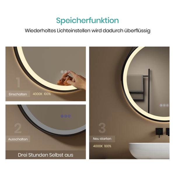 EMKE Badspiegel mit Beleuchtung LED-Spiegel mit Touchschalter ф60cm,  rund, Anti-Beschlag, 3 dimmbare Lichtfarben