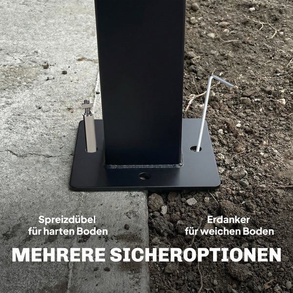 Schwarze Pfostenbasis mit Befestigungsoptionen: Spreizdübel für harten Boden wie Beton und Erdanker für weichen Boden.