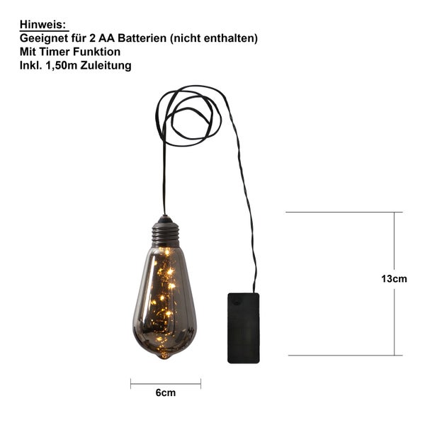 Dekorative Glühbirne mit Batteriebetrieb, Timerfunktion und 1,50 Meter Zuleitung. Benötigt zwei AA Batterien, die nicht enthalten sind.
