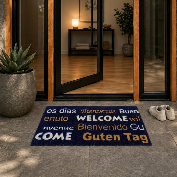 Fußmatte mit mehrsprachigen Willkommensgrüßen wie Welcome und Guten Tag vor einer gläsernen Eingangstür auf Steinboden.