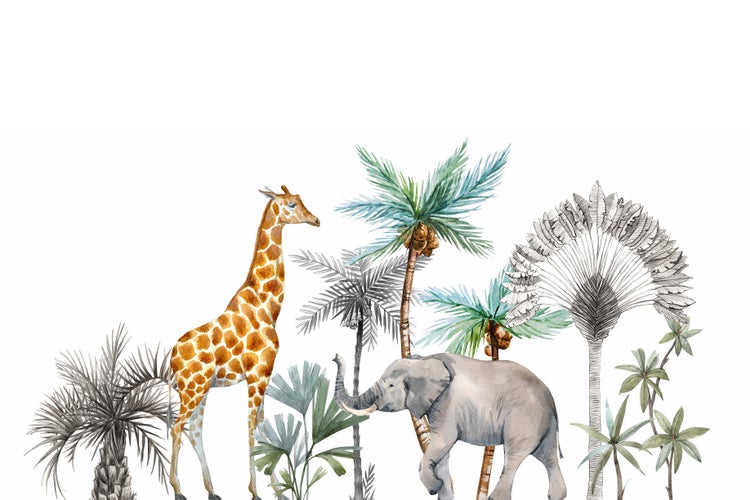 Wandtattoo mit Giraffe und Elefant in einer Dschungellandschaft mit Palmen als Aquarellillustration für die Kinderzimmerdekoration