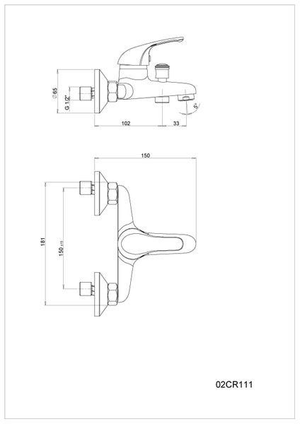 Technische Zeichnung einer Armatur mit Maßangaben