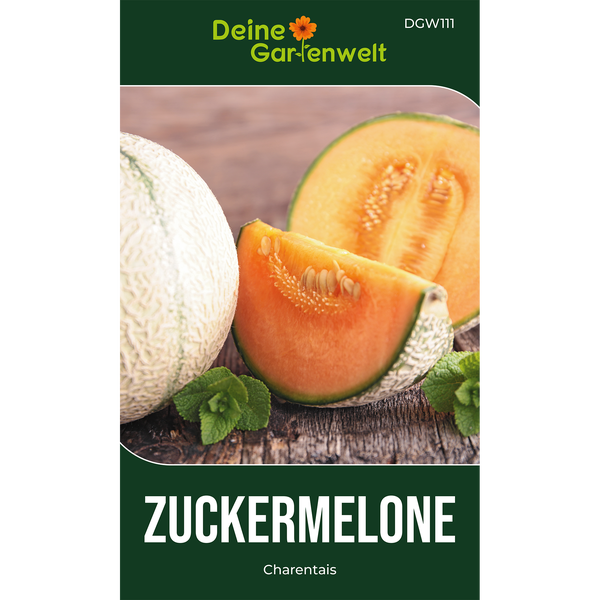 Deine Gartenwelt Logo, Samentüte Zuckermelone Charentais mit Abbildung einer Melone.