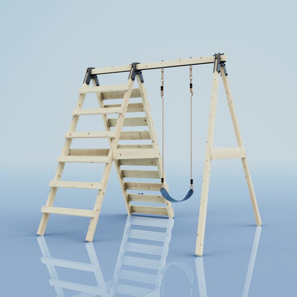 Spielgerät aus Holz mit Kletterwand und einer Schaukel mit blauem Sitz für den Außenbereich.