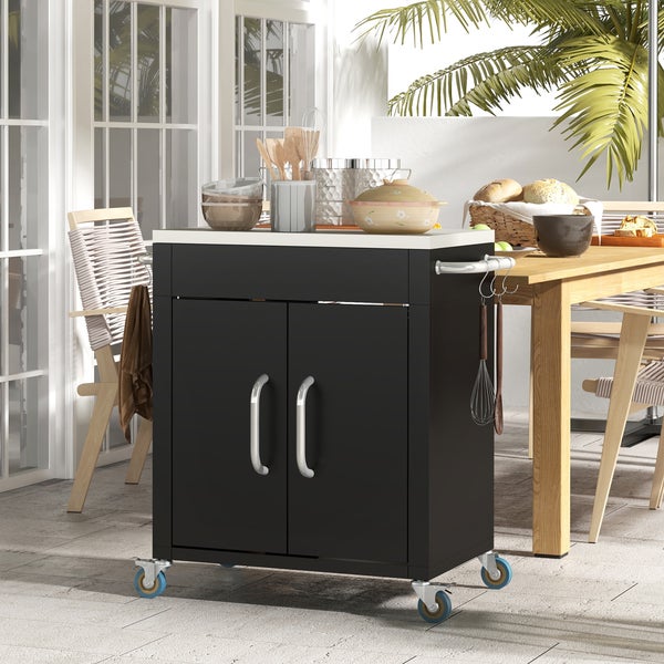 HOMCOM Küchenwagen mit Rollen, Servierwagen, Küchentrolley mit Schrank, Haken und Edelstahlgriffe, Rollwagen, Küchenhilfe, Schwarz, 86 x 50 x 86,5 cm