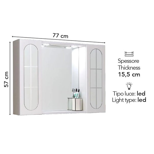 Spiegelschrank fürs Bad mit LED-Beleuchtung, Breite 77 Zentimeter, Höhe 57 Zentimeter, Tiefe 15,5 Zentimeter.