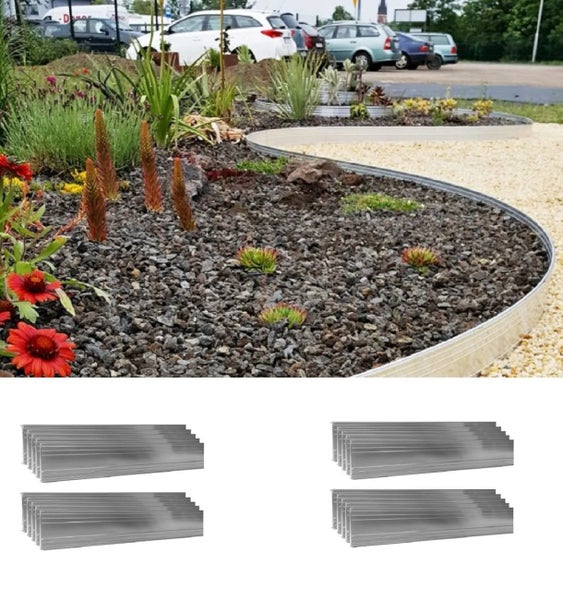 Flexible Beeteinfassung aus Metall zur Trennung von Gartenwegen und Beeten mit Kies und Steinen.