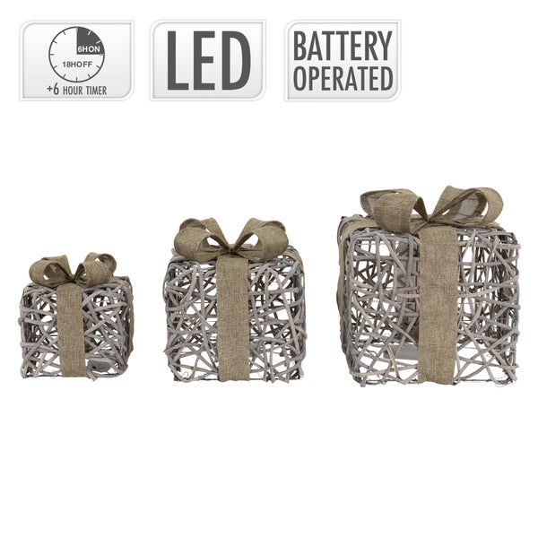 ECD Germany 3er Set LED Geschenkboxen Weihnachten mit Schleifen, Rattan, Braun-Grau, Warmweiß, batteriebetrieben, Timer, Weihnachtsdeko Geschenk Beleuchtet Weihnachtsbaum Dekoration Weihnachtsgeschenk