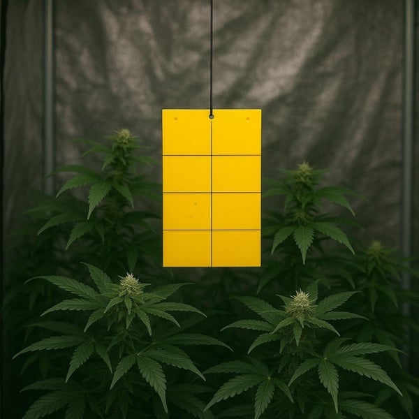 Gelbtafel hängend über Pflanzen zur Bekämpfung von fliegenden Schädlingen wie Trauermücken und Weißen Fliegen.