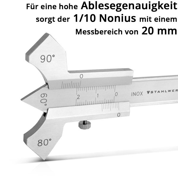 STAHLWERK Schweißnahtlehre aus Edelstahl mit Messskala und Winkelschablonen für 60, 70, 80 und 90 Grad. Länge 100 Millimeter, Breite 60 Millimeter.